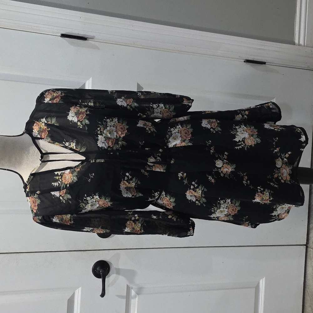 Floral Black Fall Dress with Tie Neck